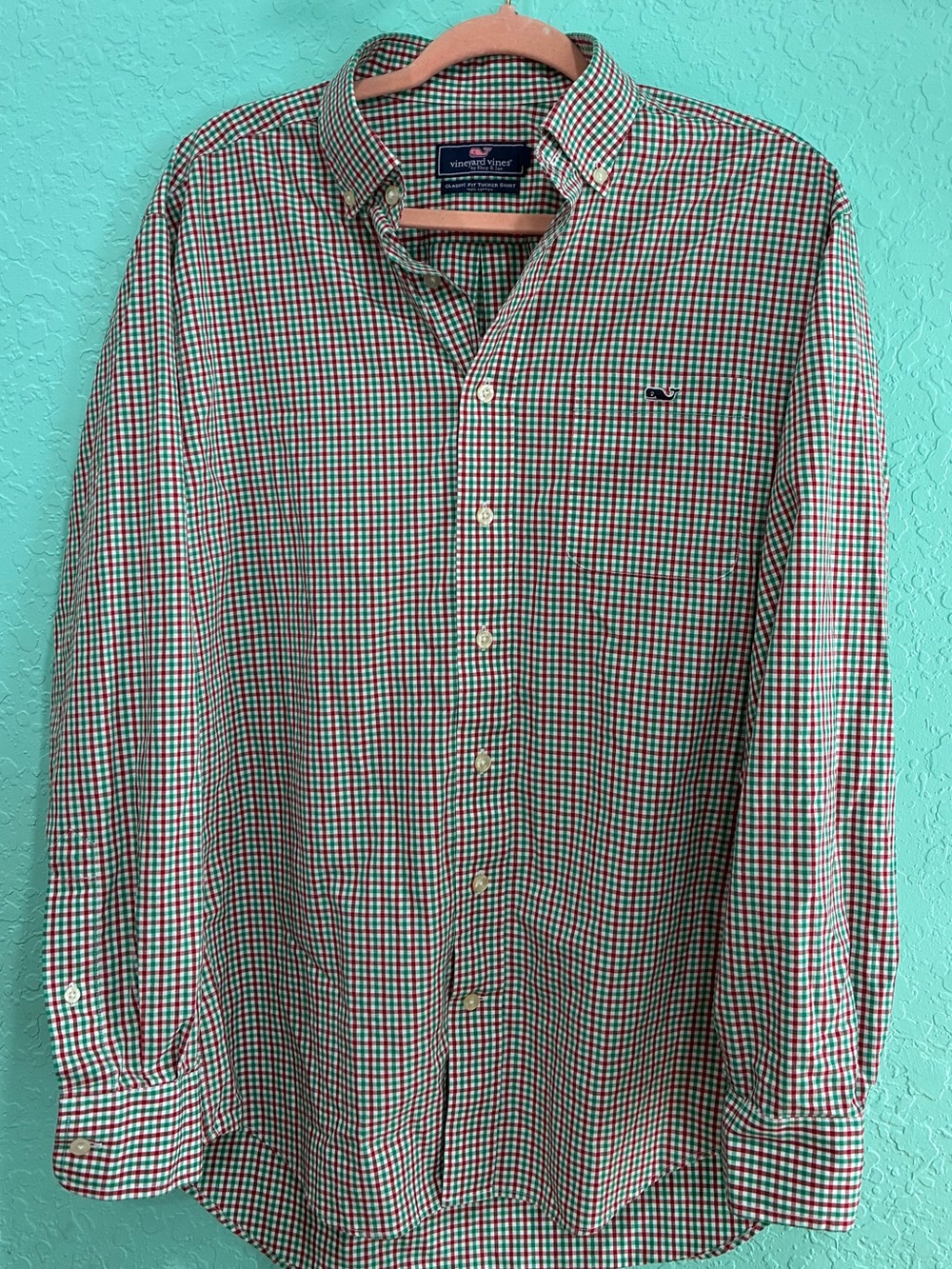 Vineyard Vines Green Red Gingham Button-Down classic fit Tucker Shirt M holiday